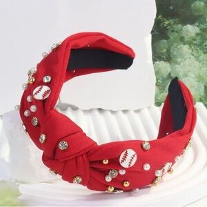 Red Rhinestone Pearl Baseball Headband NEW